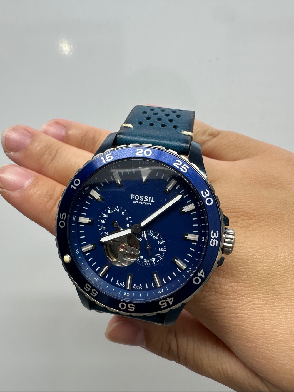 NWT Fossil ME3149 Mens Crewmaster Sports Automatic Dial Blue Leather Strap Watch